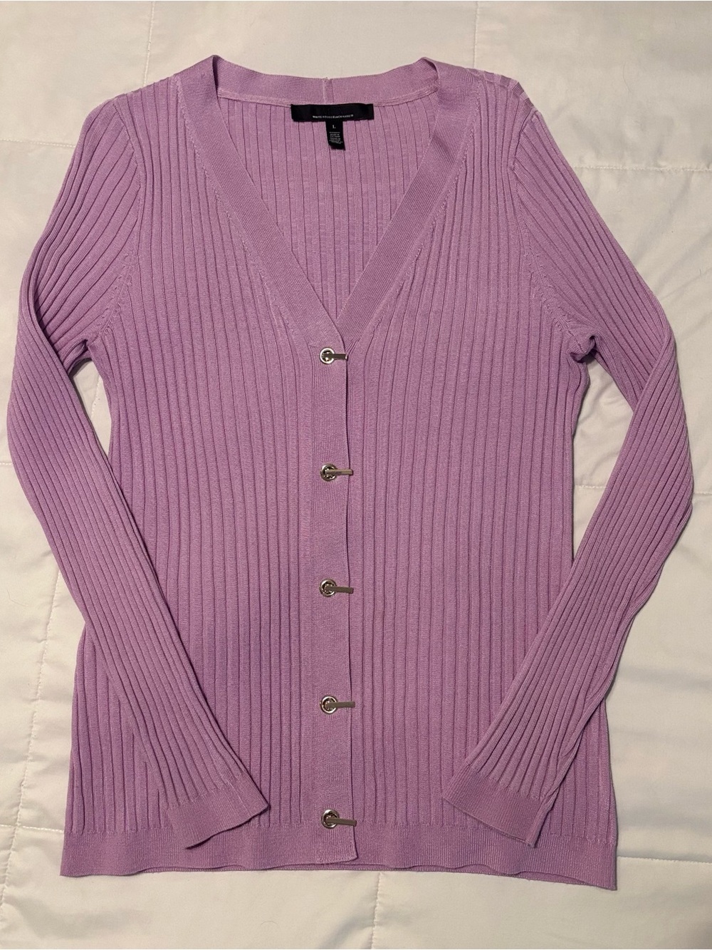 White House Black Market Lavender Ribbed V-Neck Button Cardigan